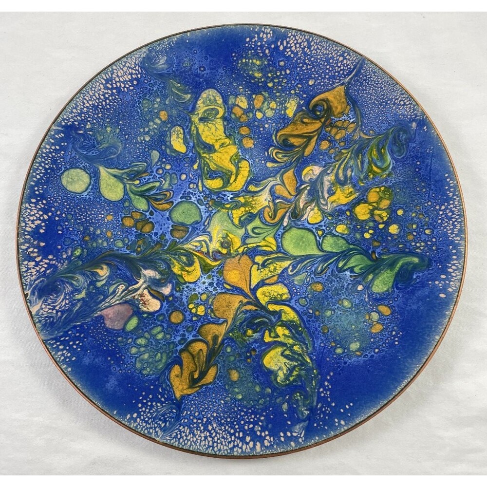 Enamel on Copper Abstract Plate Dish Blue Green Gold 9” Vintage